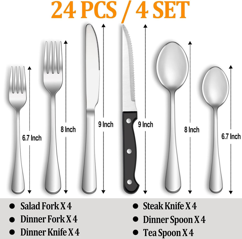 24 Pcs Silverware Set with Steak Knives for 4, Stainless Steel Flatware Set, Mirror Polished Cutlery Utensil Sets, Home Kitchen Eating Tableware, Dishwasher Safe