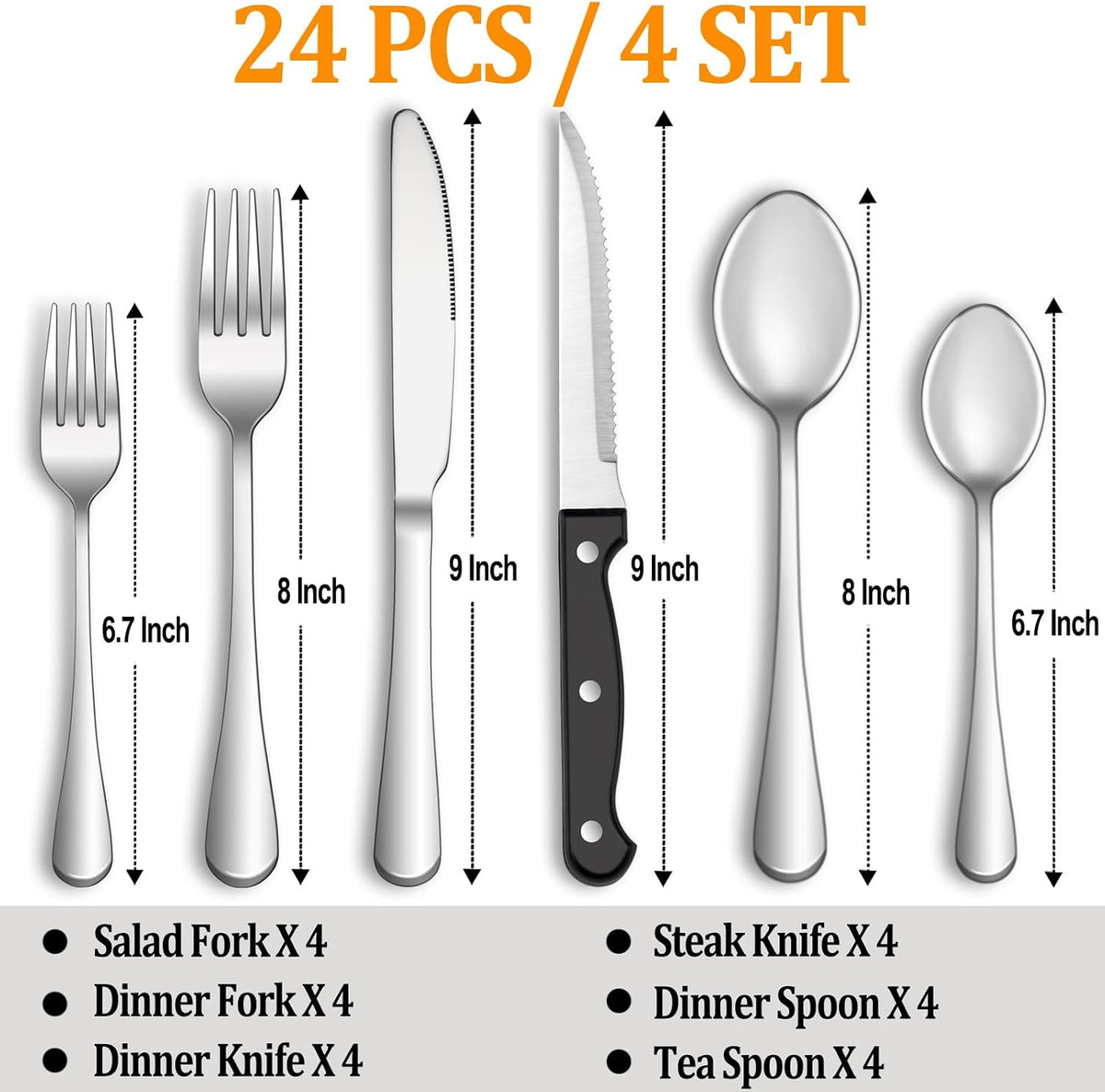 24 Pcs Silverware Set with Steak Knives for 4, Stainless Steel Flatware Set, Mirror Polished Cutlery Utensil Sets, Home Kitchen Eating Tableware, Dishwasher Safe