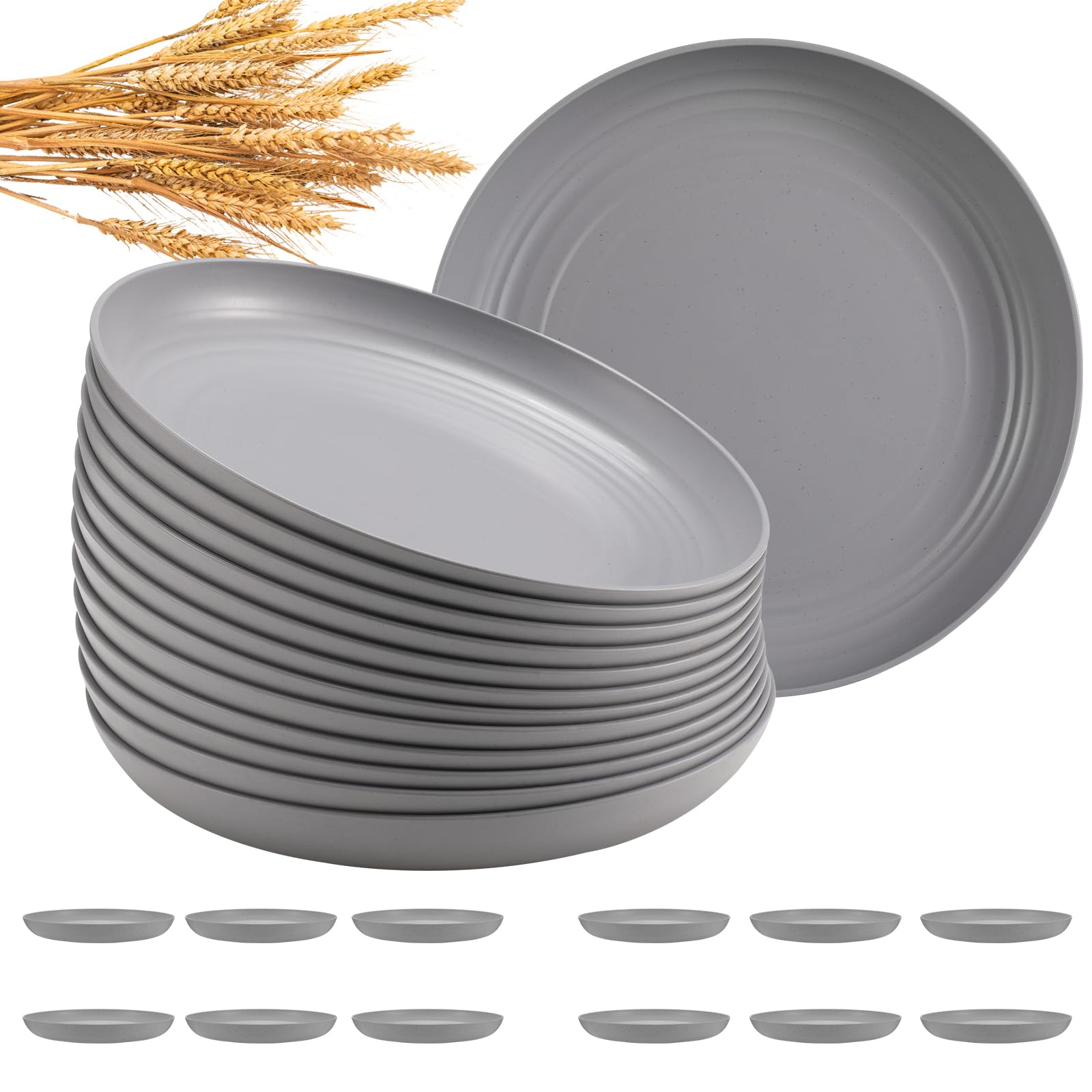HEYCOME 12 Pcs Unbreakable Deep Dinner Plates Set, 10 inch Reusable Plastic Wheat Straw Plates, Microwave and Dishwasher Safe Plate for Kitchen, Lightweight Plate for Dessert, BPA Free, 6 Colors