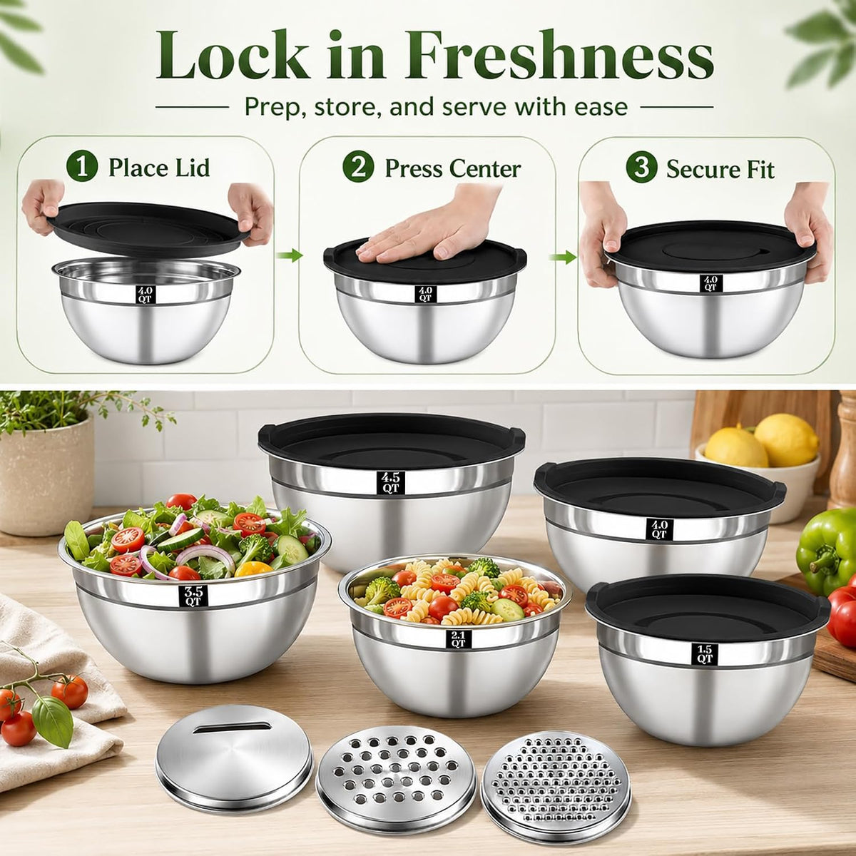 8PCS Mixing Bowls with Lids Set - 5 Nesting Mixing Bowls, 3 Grater Attachments, Lids, Stainless Steel Mixing Bowls for Mixing & Serving, Size 1.5/2.1/3.5/4/4.5 QT, Black