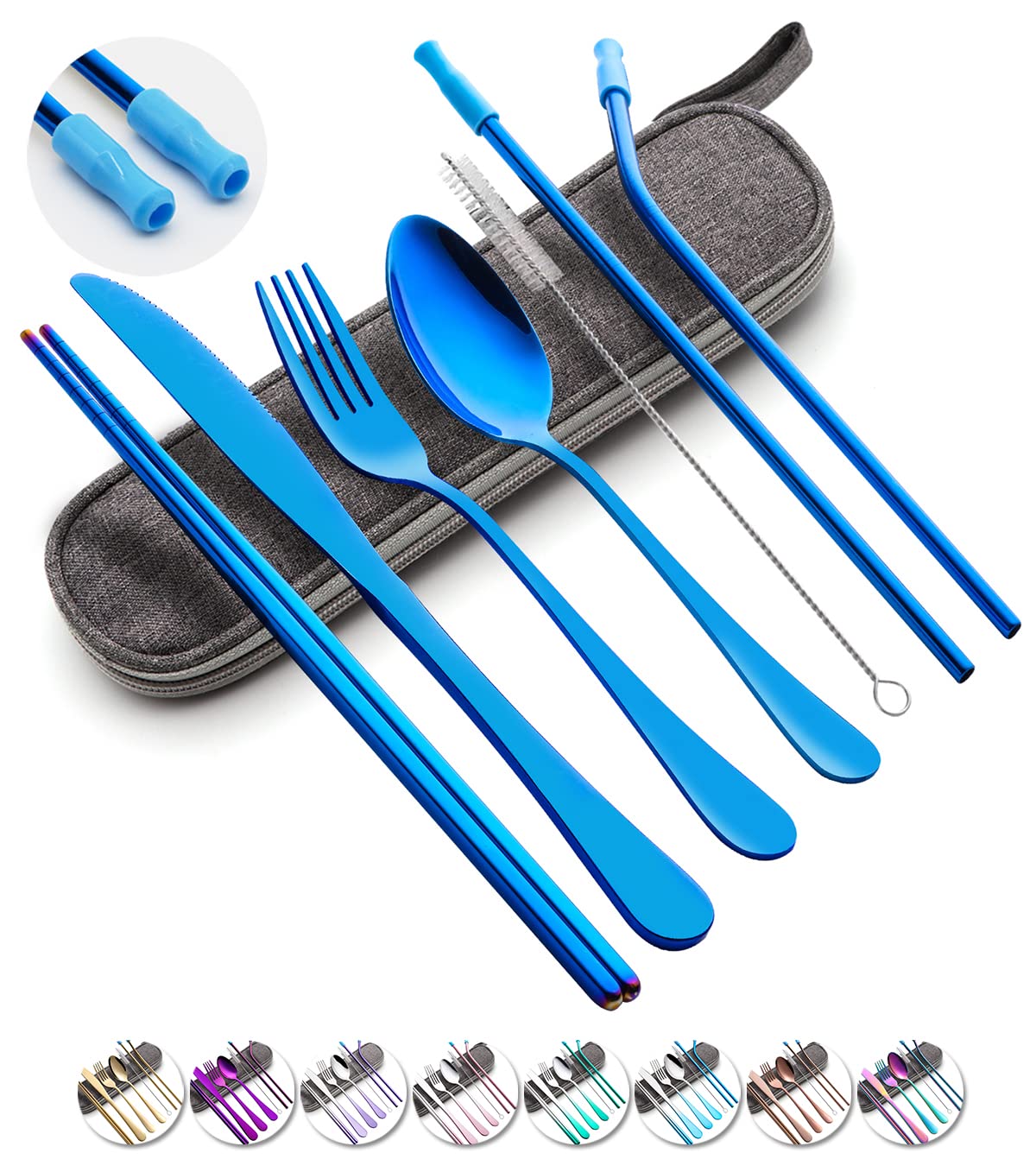 Travel Utensils Set with Case Reusable Portable Cutlery Set Stainless Steel 8pcs Including Dinner Knife Fork Spoon Chopsticks straws(Gradient Pink) | Dishwasher Including Dinner Knife Fork Spoon Chopsticks Straws Travel Fork Spoon Knife for Work, Camping