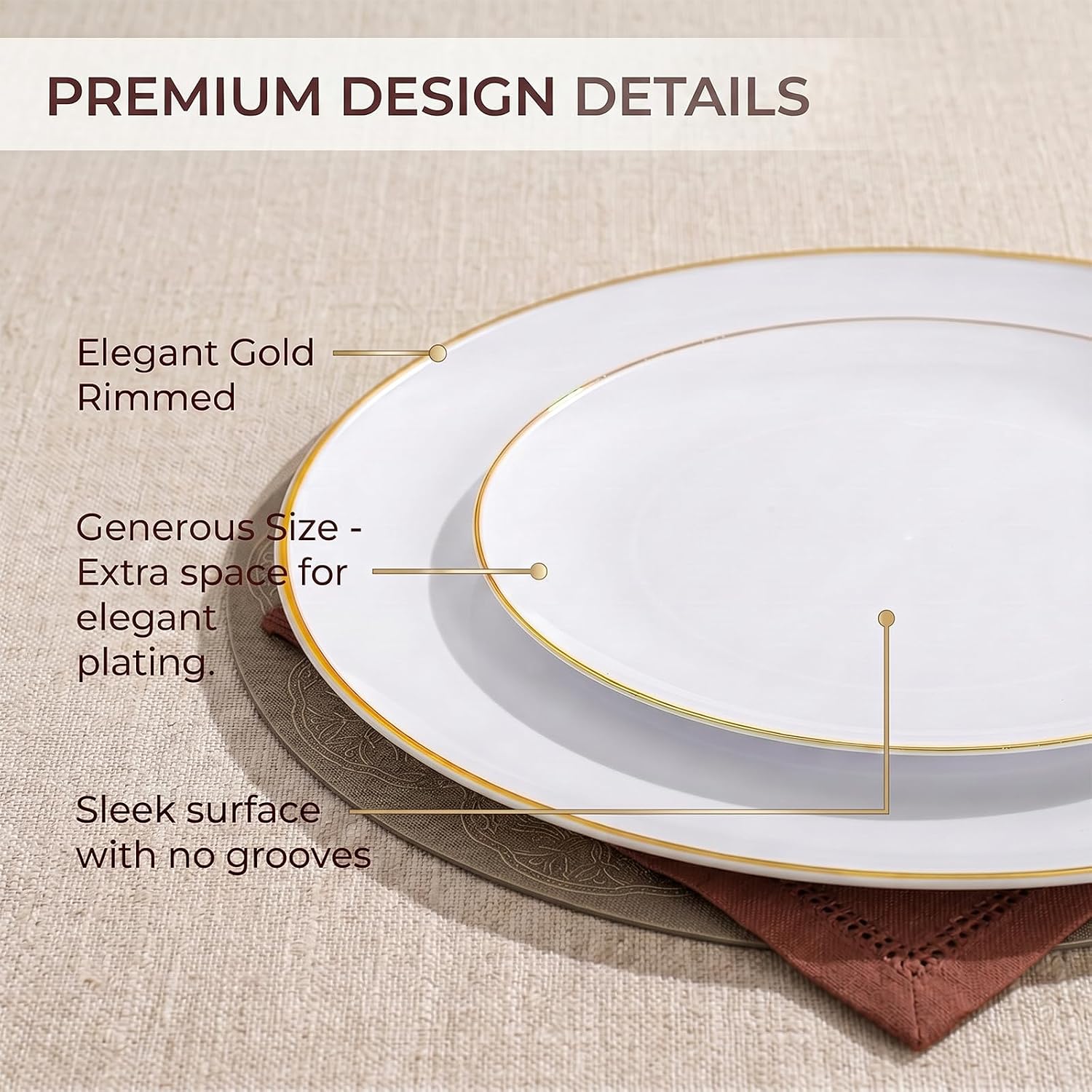 KIRE 100PCS White Plates with Gold Trim - Plastic Disposable Plates - Includes 50Pieces 10.25inch Dinner and 50Pieces 7.5inch Dessert/Salad Plastic Plate for Wedding Receptions/Party/Thanksgiving