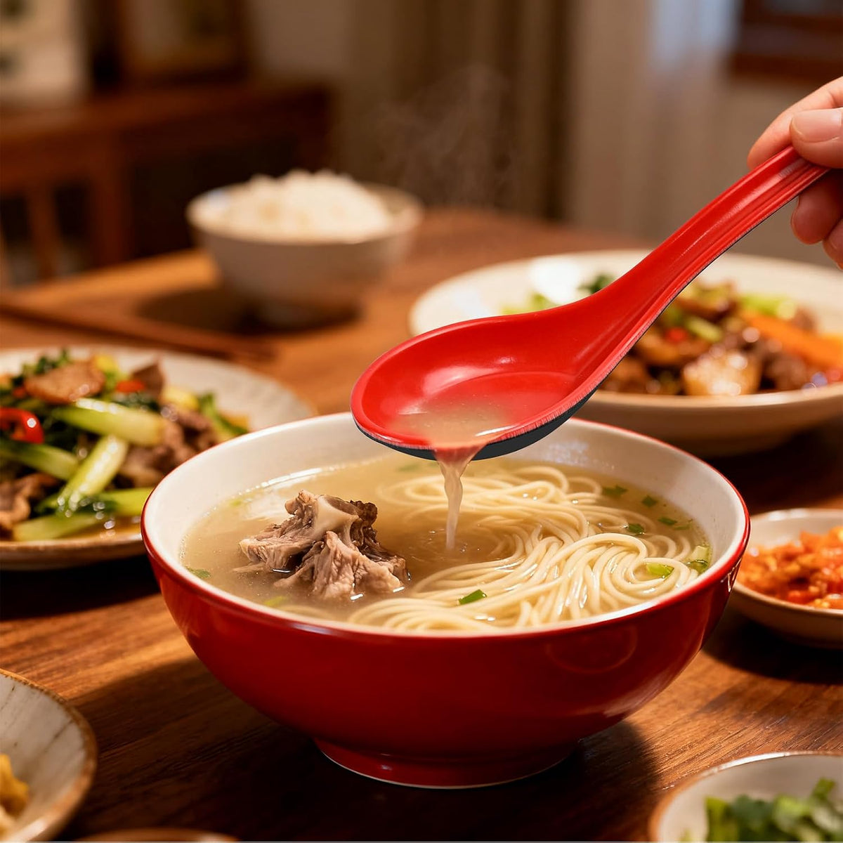 Red and Black Melamine Wonton Soup Spoons, 2 Count | Chinese Japanese Miso Ramen Dumpling Pho Rice Noodle Soba Soup Spoons.unbreakable