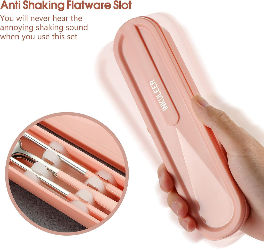 iNKULEER Travel cutlery set, 18/8 stainless steel cutlery, Reusable utensils set with case, Portable Silverware Lunch Box for Camping and Office (Pink)