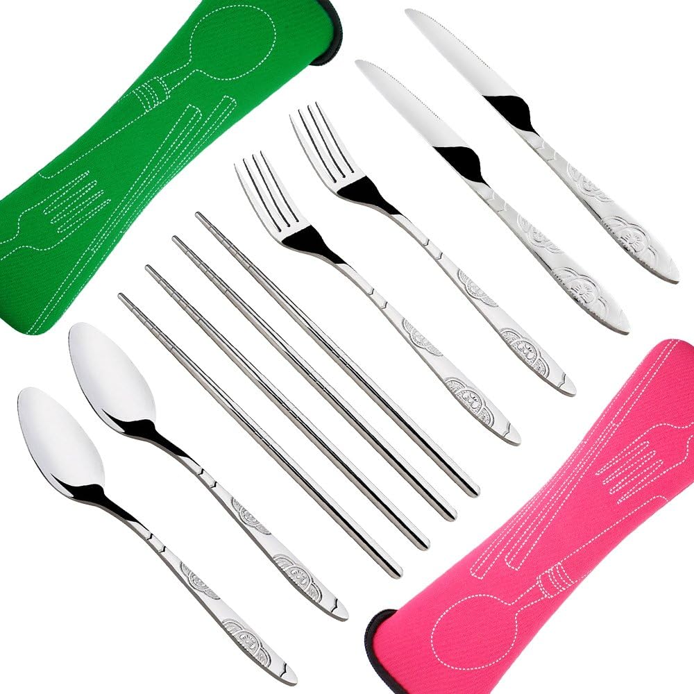 SENHAI 8 Pieces Flatware Sets Knife, Fork, Spoon, Chopsticks, 2 Pack Rustproof Stainless Steel Tableware Dinnerware with Carrying Case for Traveling Camping Picnic Working Hiking