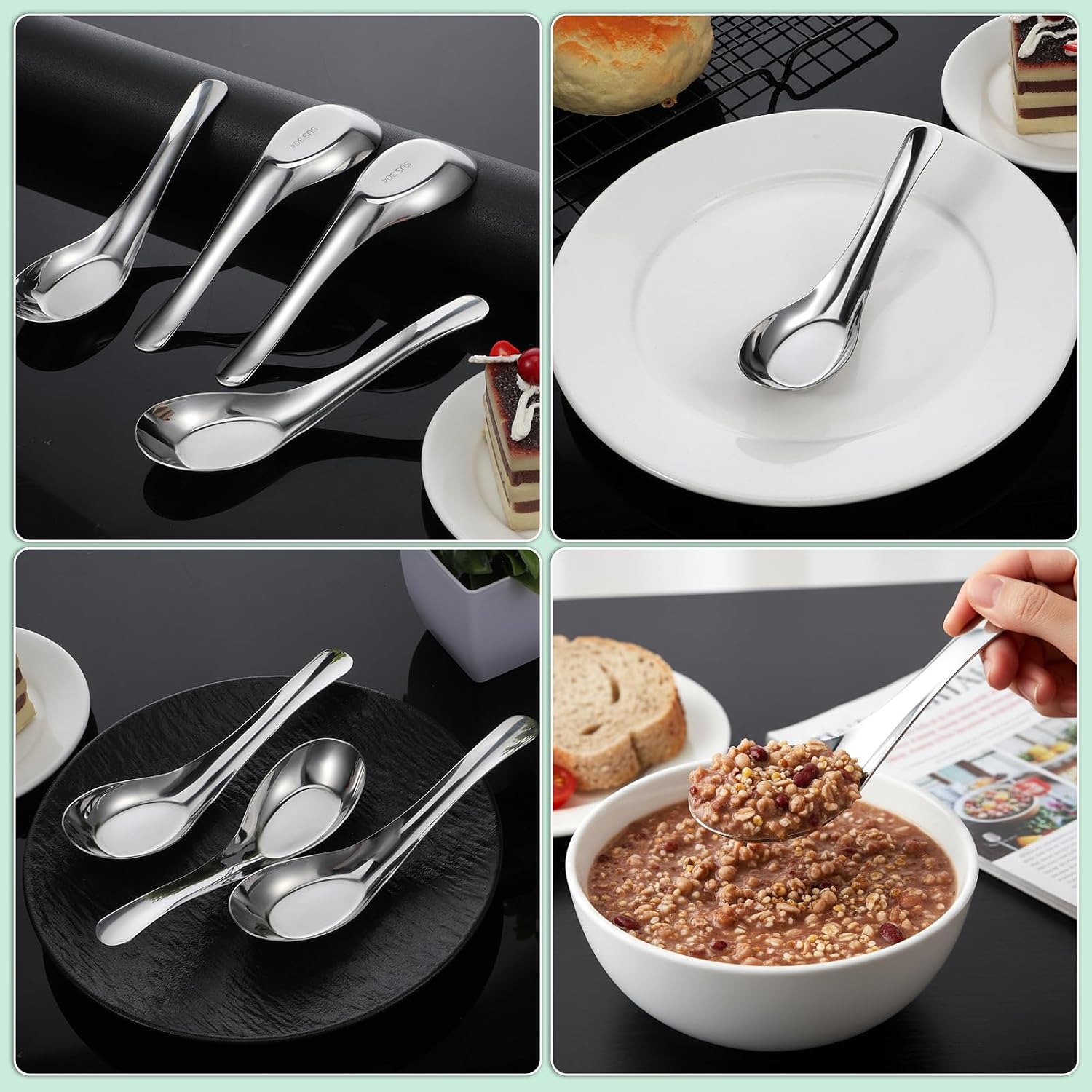 12 Pcs 304 Stainless Steel Asian Soup Spoons, Chinese Soup Spoons | Stainless Steel Soup Spoons, Mirror Polished Dinner Spoons for Bouillon Dessert Cereal Ramen Thai Miso, Silver