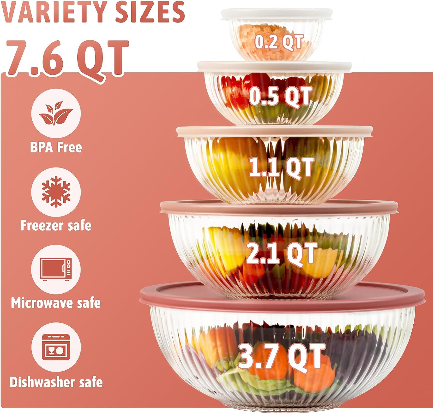 Glass Mixing Bowls with Lids Sets, 5 PCS Serving Bowls for Party or Kitchen | For Baking, Meal Prepping and Salad, Bpa Free and Dishwasher and microwave Safe Serving Bowls, 0.2/0.5/1.1/2.1/3.7Qt