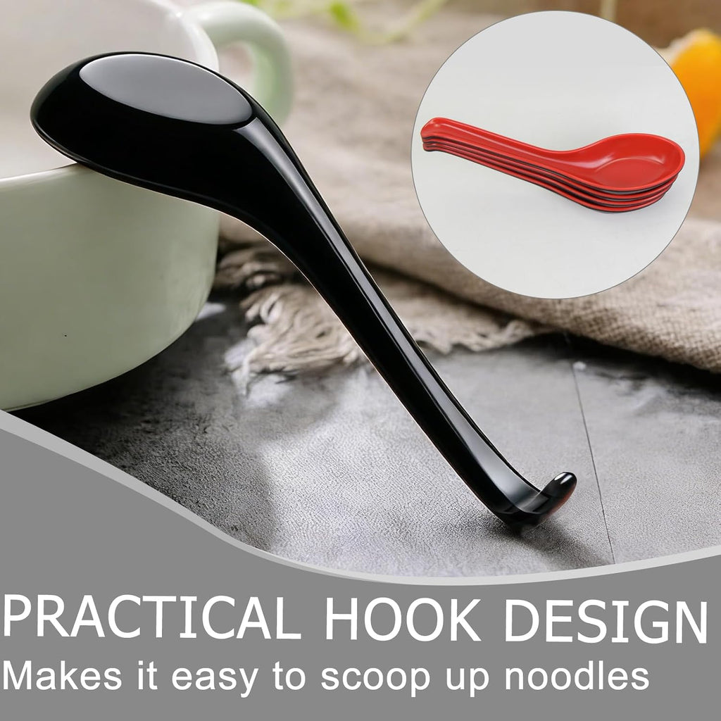 4PCS Asian Soup Spoons, Chinese Japanese Miso Ramen Wonton Dumpling Pho Rice Noodle Soba Soup Spoons, Red and Black Melamine Spoons