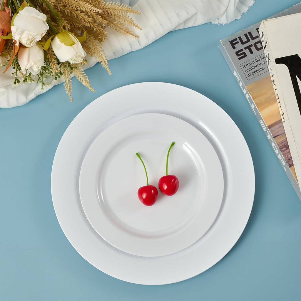 FOCUSLINE 100 Count White Plastic Plates 10 Inch, Disposable Heavy Duty Dinner Plates- Premium Hard Plastic Plates Fancy Disposable White Plates for Weddings, Parties and Events