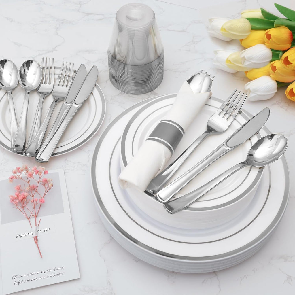 350 Piece Silver Plastic Dinnerware Set for 50 Guests | Disposable Dinnerware Includes: 50 Dinner Plates, 50 Dessert Plates, 50 Pre Rolled Napkins with Silver Silverware, 50 Cups