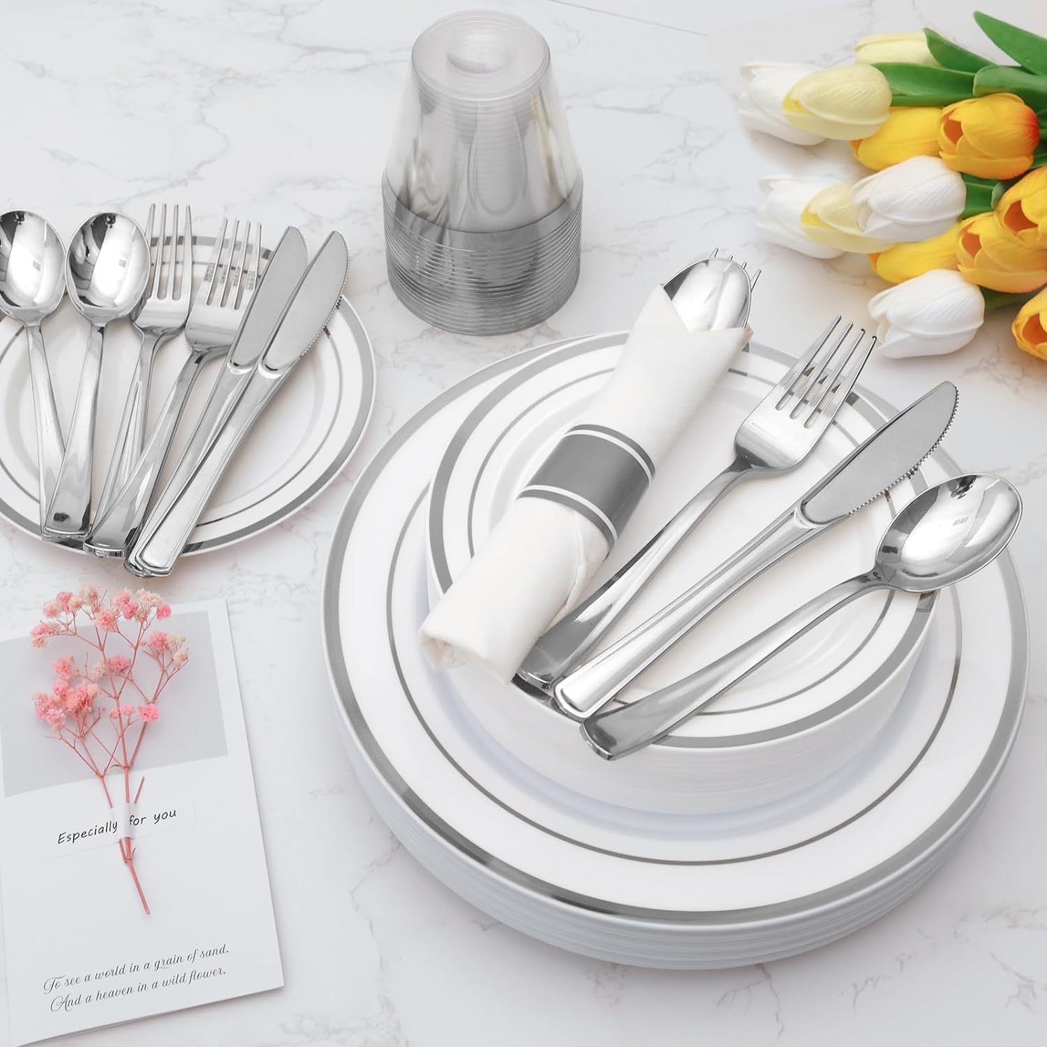 350 Piece Silver Plastic Dinnerware Set for 50 Guests | Disposable Dinnerware Includes: 50 Dinner Plates, 50 Dessert Plates, 50 Pre Rolled Napkins with Silver Silverware, 50 Cups