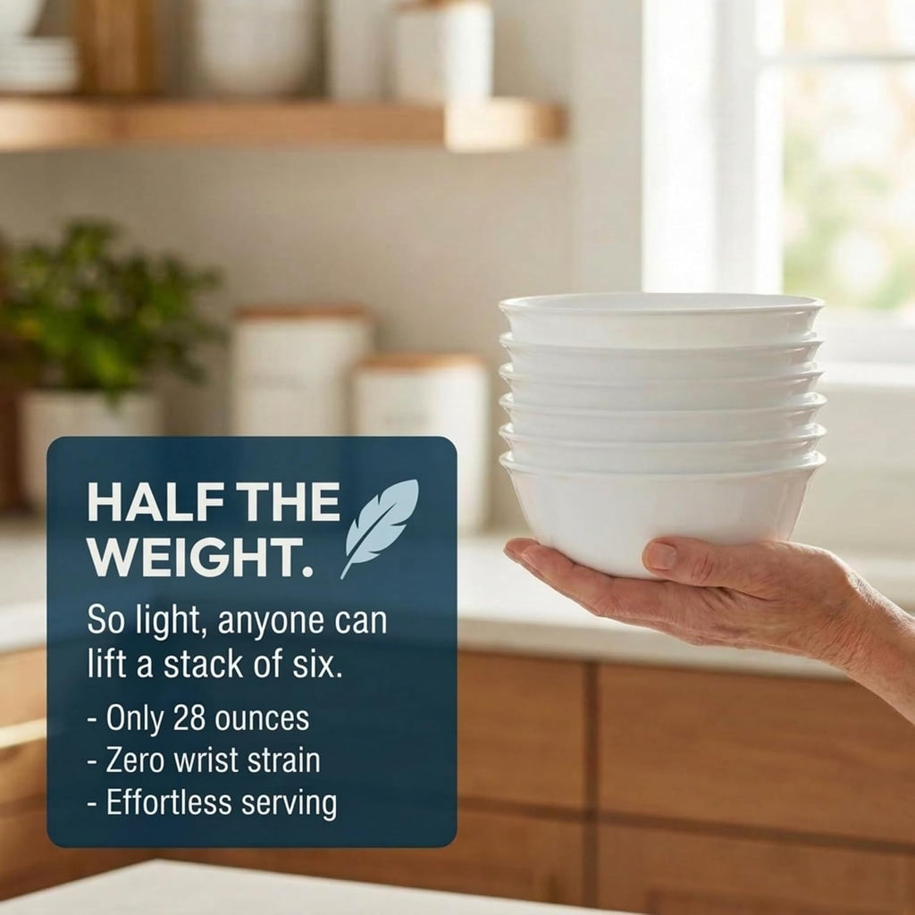 Corelle Vitrelle 28-oz Soup/Cereal Bowls Set of 6 Chip & Crack Resistant Dinnerware Bowls for Soup, Ramen, Cereal and More, Triple Layer Glass, Winter Frost White