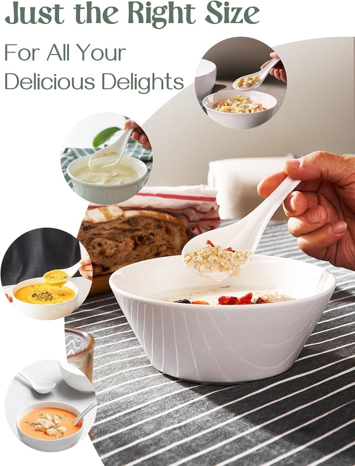 DOWAN Soup Spoons, Ceramic Asian Soup Spoons, White Japanese Spoon Large for Ramen Pho Wonton Dumpling Miso, Deep Oval Hook Design, Set of 4 (4, Soft white)