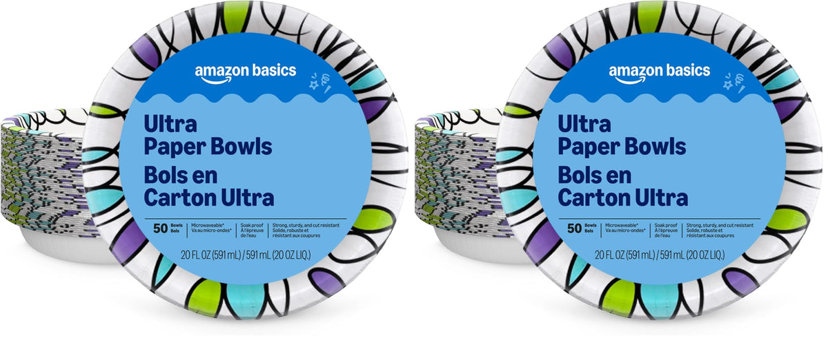Amazon Basics Ultra Disposable Paper Bowls, 20 Oz, Microwave Safe, Soak Proof, Strong & Sturdy, White, 50 Count, Packaging May Vary