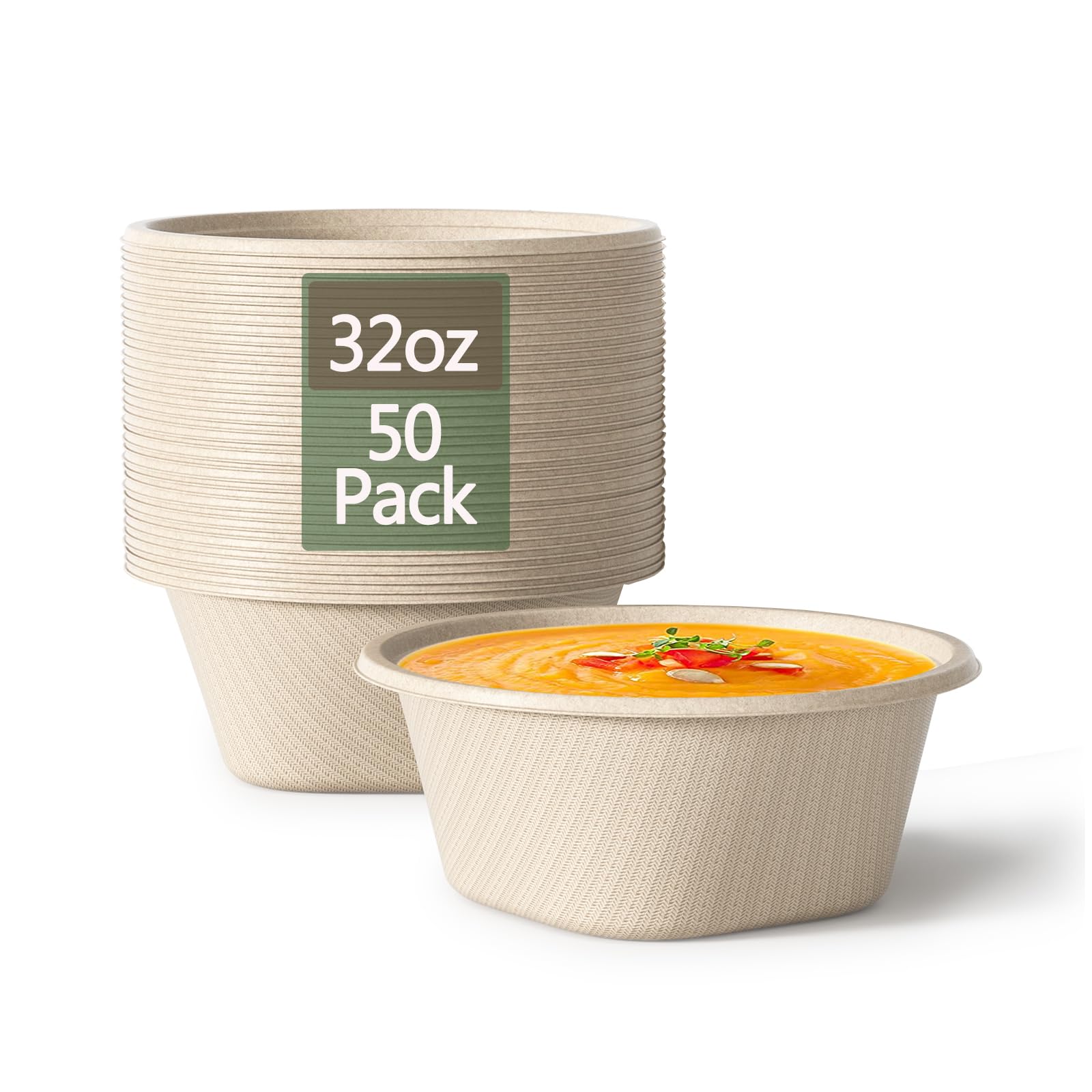 48 Oz Disposable Bowls - Heavy Duty and Compostable Bowl - Made from Sugarcane and Bamboo Fibers, Microwave Safe - Large Paper Bowl for Soup, Salad, Ramen, Popcorn, etc. [50 Pack]