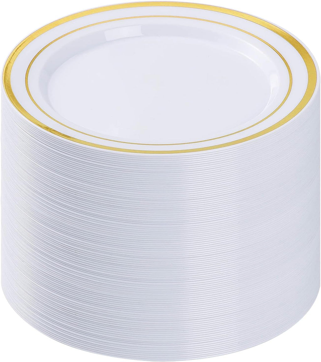 BESTVIP 100Pcs Gold Plastic Plates, 10.25 Inch Disposable Dinner Plates | Heavy Duty Dinner Dish with Rim for Christmas, Thanksgiving, Wedding, Birthday & Special Events