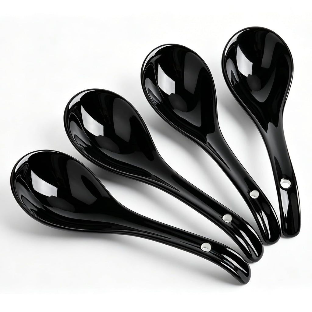 DOWAN Soup Spoons, Ceramic Asian Soup Spoons, White Japanese Spoon Large for Ramen Pho Wonton Dumpling Miso, Deep Oval Hook Design, Set of 4 (4, Soft white)