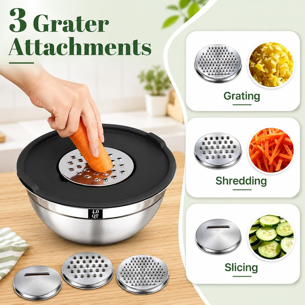 8PCS Mixing Bowls with Lids Set - 5 Nesting Mixing Bowls, 3 Grater Attachments, Lids, Stainless Steel Mixing Bowls for Mixing & Serving, Size 1.5/2.1/3.5/4/4.5 QT, Black