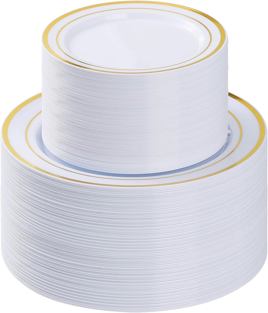 BESTVIP 200PCS Gold Plastic Plate, Disposable Party Plates | 100 Dinner Plates and 100 Dessert Plates, Plastic Plates for Party, Wedding and Birthday
