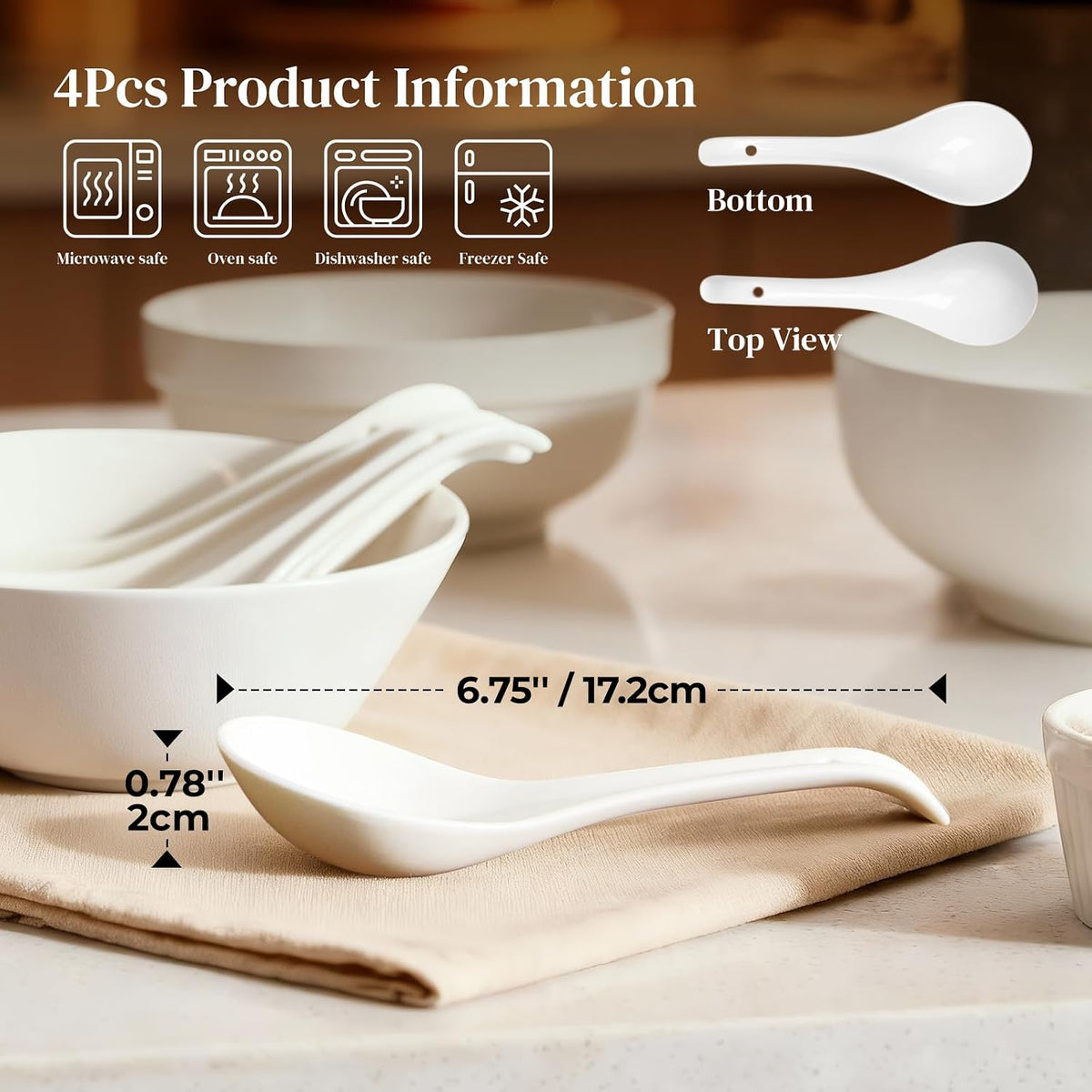DOWAN Soup Spoons, Ceramic Asian Soup Spoons, White Japanese Spoon Large for Ramen Pho Wonton Dumpling Miso, Deep Oval Hook Design, Set of 4 (4, Soft white)
