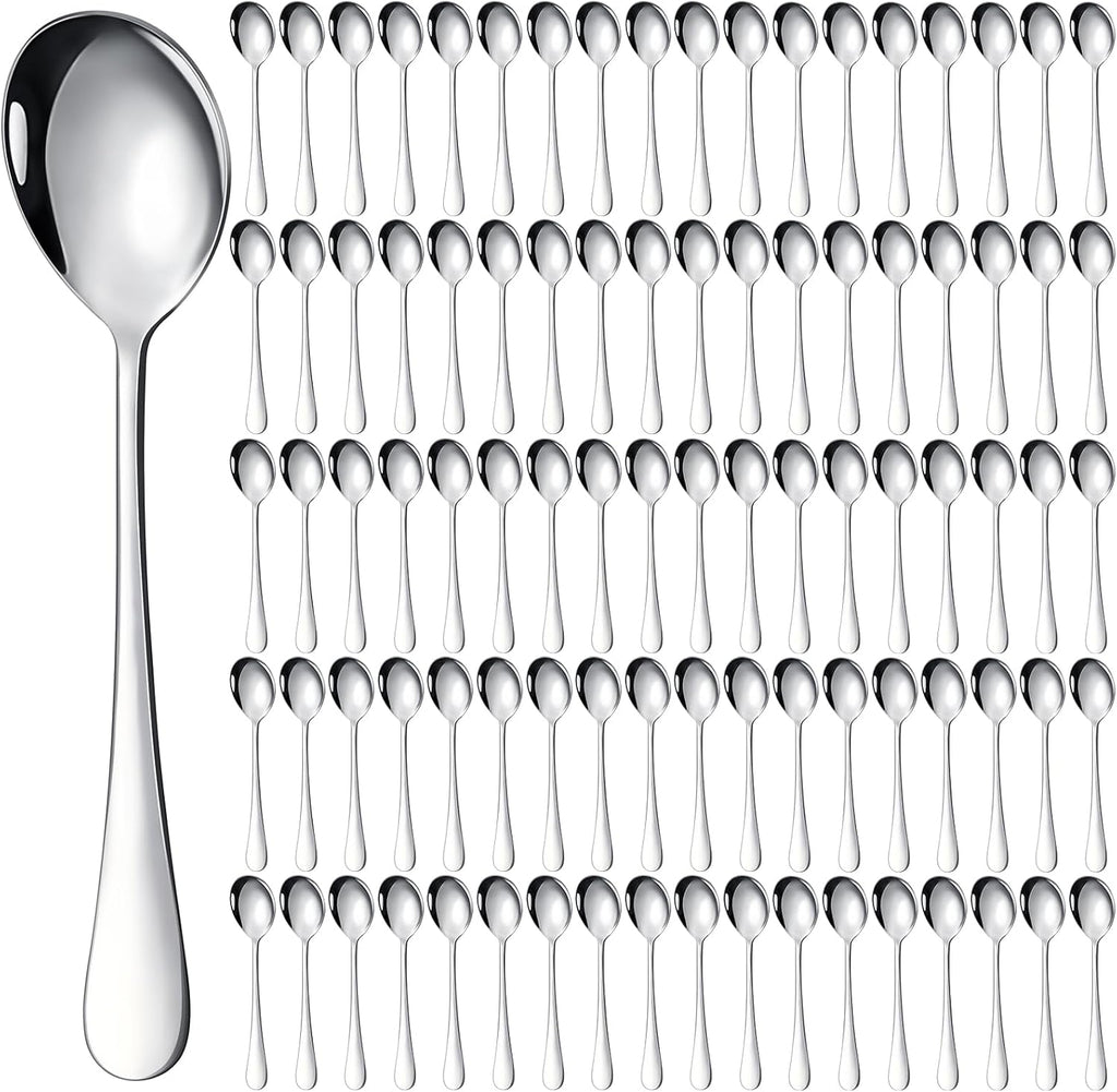 Nuogo 100 Pcs Soup Spoons Bulk, Stainless Steel, Silver | Mirror-polished Metal Round Dessert Silverware for Cereal, Home, Restaurant and Kitchen, Dishwasher Safe