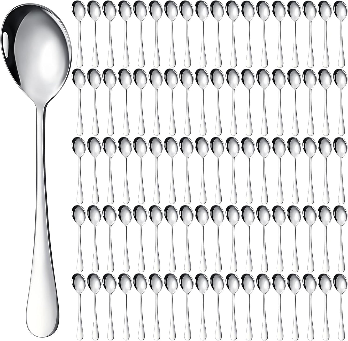 Nuogo 100 Pcs Soup Spoons Bulk, Stainless Steel, Silver | Mirror-polished Metal Round Dessert Silverware for Cereal, Home, Restaurant and Kitchen, Dishwasher Safe