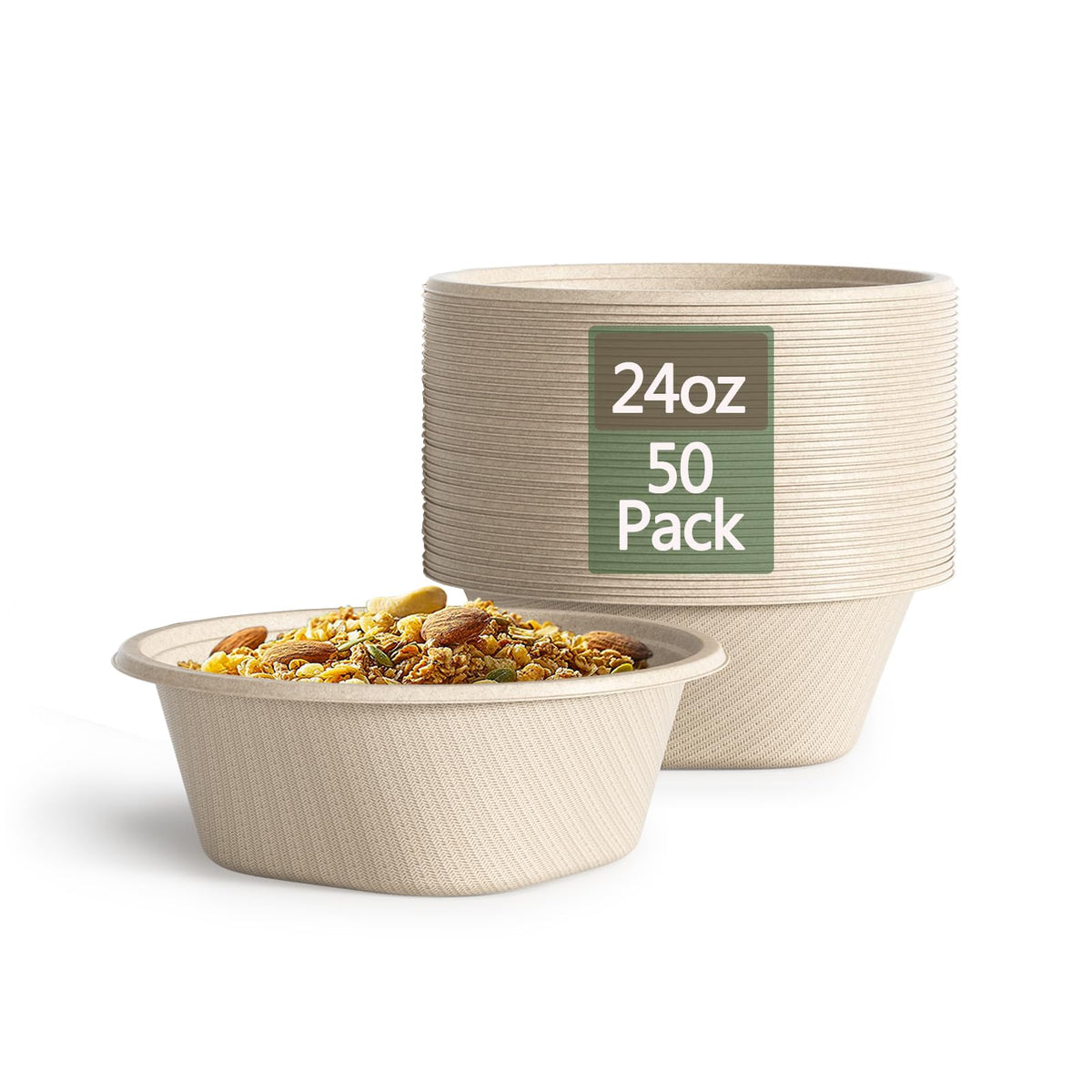 24 Oz Disposable Bowls, [100 Pack] Paper Bowls Disposable - Heavy Duty and Eco-friendly Sugarcane and Bamboo Bagasse Biodegradable Bowls for Cereal, Rice, French Fries - Convenient and Compostable