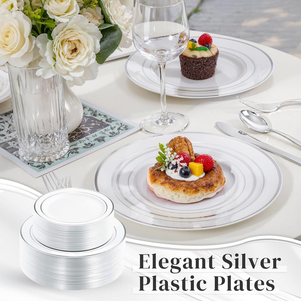 120PCS Plastic Plates White Silver Rim - Disposable Plates including 60PCS for Dinner 10.25inch, 60 Salad/Dessert Plates 7.5inch Heavy Duty Wedding Party Birthday