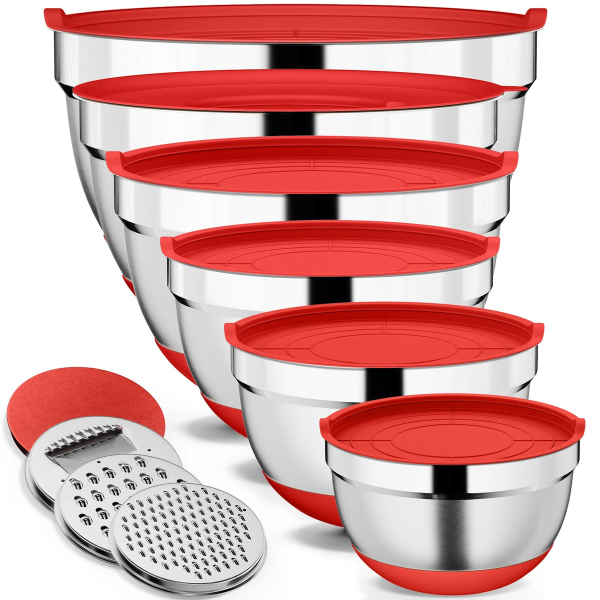 9 Pack Mixing Bowls with Airtight Lids & Grater Attachments, Khaki | Stainless Steel Bowl, Non-slip Bases, Nesting Kitchen Bowl, Size 5, 4, 3, 2, 1.5,1QT,for Food Prep, Baking, Storage & Serving