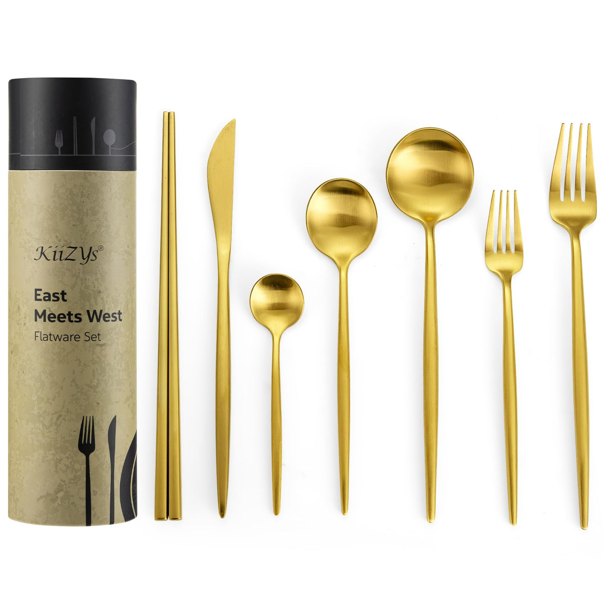 KiiZYs Matte Black Flatware Set - 14-piece Modern Silverware Set Stainless Steel Utensils - Metal Chopsticks Kitchen Cutlery Fork Spoon Knife - Dishwasher Safe House Warming Gift Box (Black, 2 Sets)