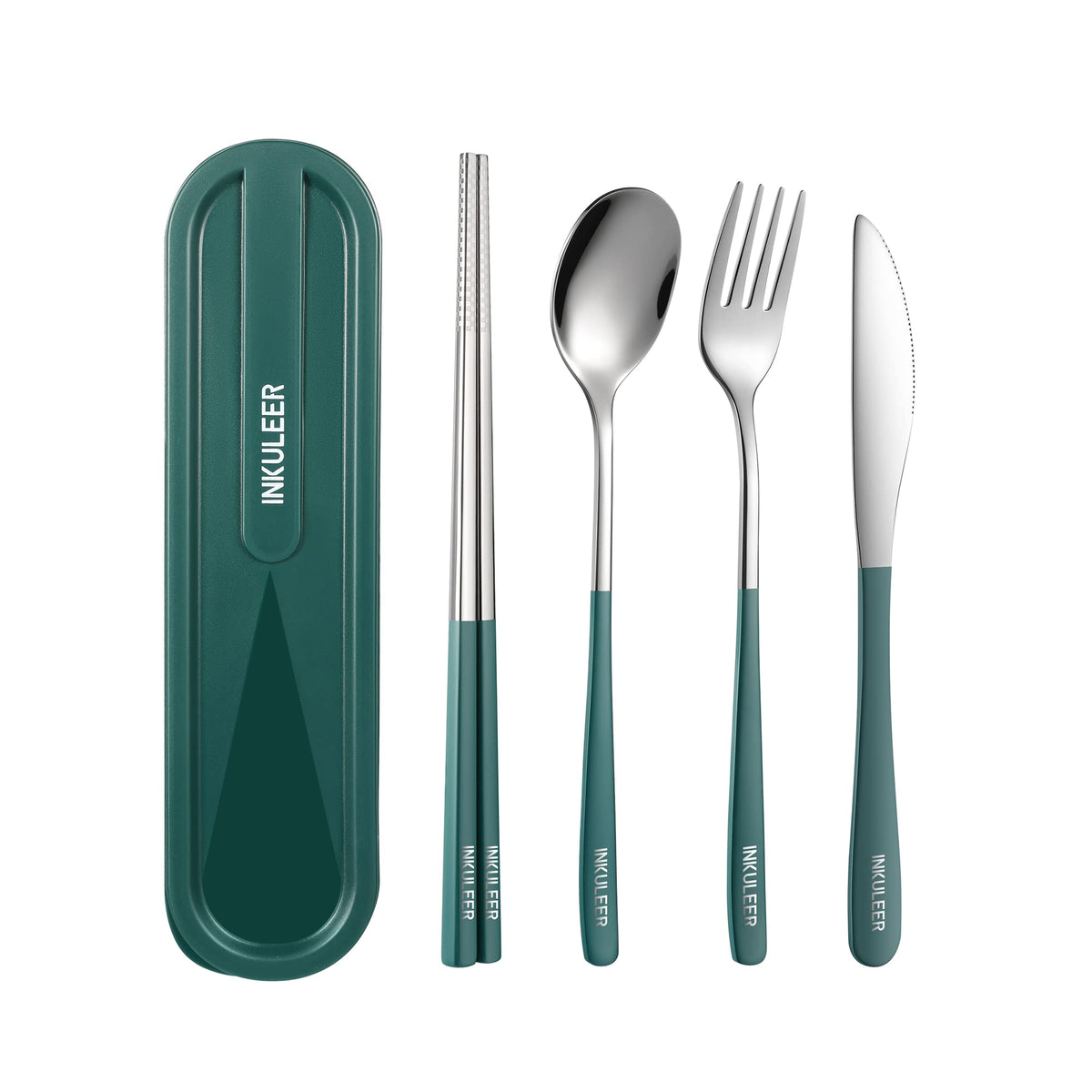 iNKULEER Travel cutlery set, 18/8 stainless steel cutlery, Reusable utensils set with case, Portable Silverware Lunch Box for Camping and Office (Pink)