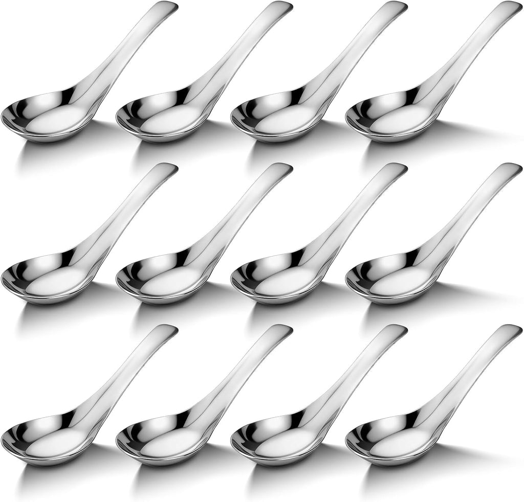 12 Pcs 304 Stainless Steel Asian Soup Spoons, Chinese Soup Spoons | Stainless Steel Soup Spoons, Mirror Polished Dinner Spoons for Bouillon Dessert Cereal Ramen Thai Miso, Silver