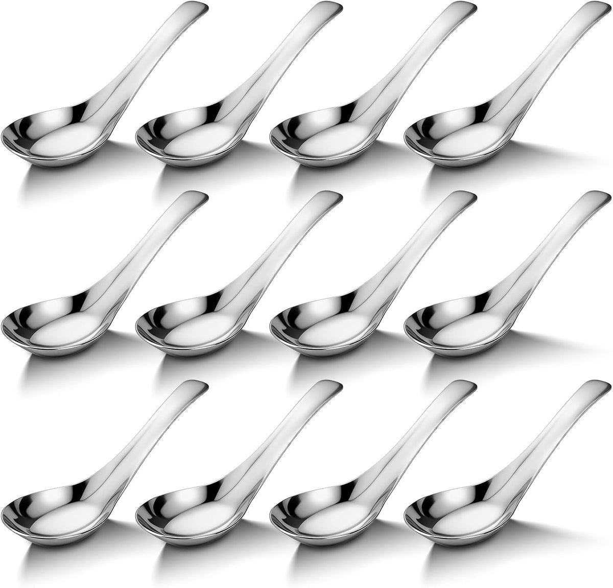 12 Pcs 304 Stainless Steel Asian Soup Spoons, Chinese Soup Spoons | Stainless Steel Soup Spoons, Mirror Polished Dinner Spoons for Bouillon Dessert Cereal Ramen Thai Miso, Silver