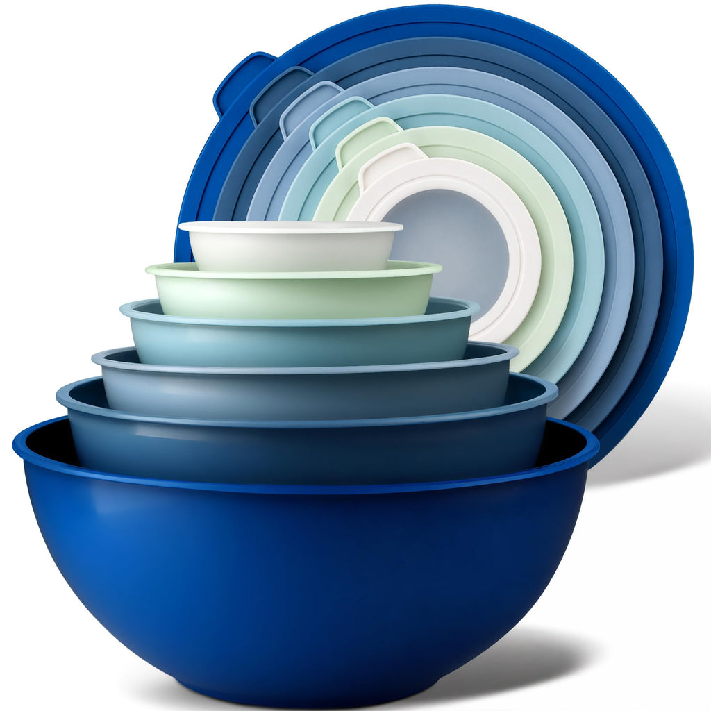 Zulay Kitchen 12 Piece Plastic Mixing Bowls with Lids Set - Leak-Proof Microwave & Freezer Safe Stackable Mixing Bowl Set for Preparing, Serving and Storing - Non-Slip Large Nesting Bowls (Blue Ombre)
