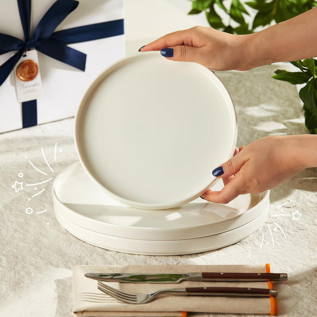 Sweese Porcelain Flat Dinner Plates Set of 6, 10.5 Inch High Edge Dish Set - Dishwasher, Microwave, Oven Safe, Scratch Resistant, Kitchen Serving Dishes - Elegant White Glaze
