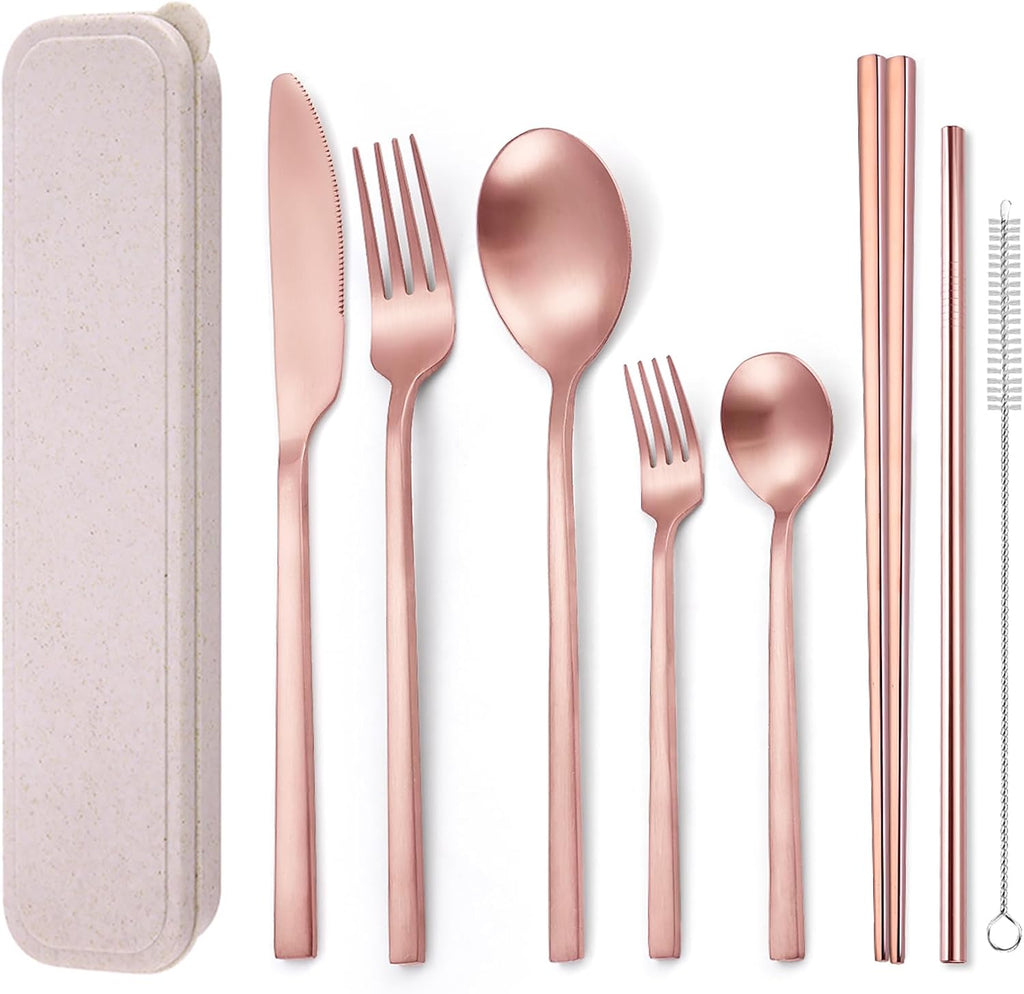 AARainbow 8 Pieces Stainless Steel Flatware Set Portable Reusable Cutlery Set Travel Utensils Set Including Chopsticks Knife Fork Spoon Straws Cleaning Brush Dishwasher Safe (B-Rose Golden)