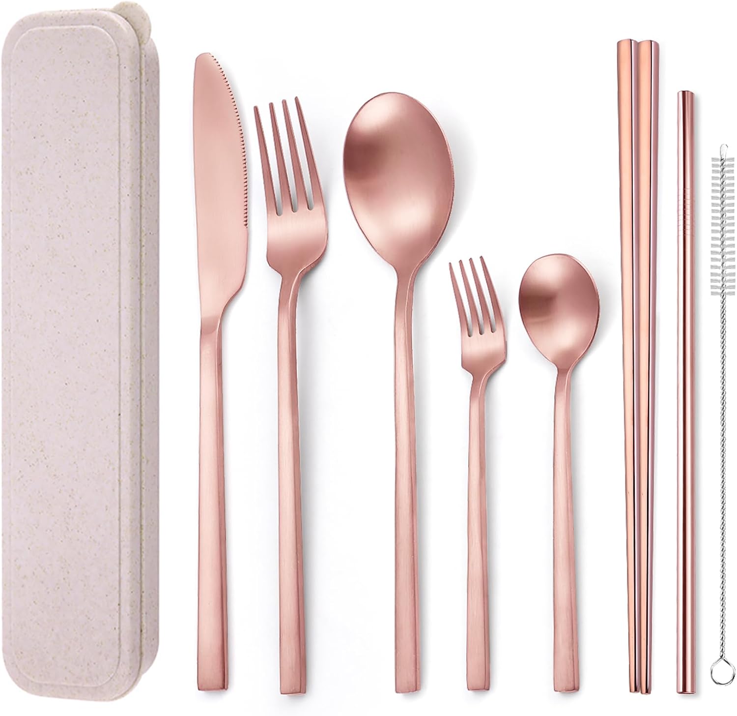 AARainbow 8 Pieces Stainless Steel Flatware Set Portable Reusable Cutlery Set Travel Utensils Set Including Chopsticks Knife Fork Spoon Straws Cleaning Brush Dishwasher Safe (B-Rose Golden)