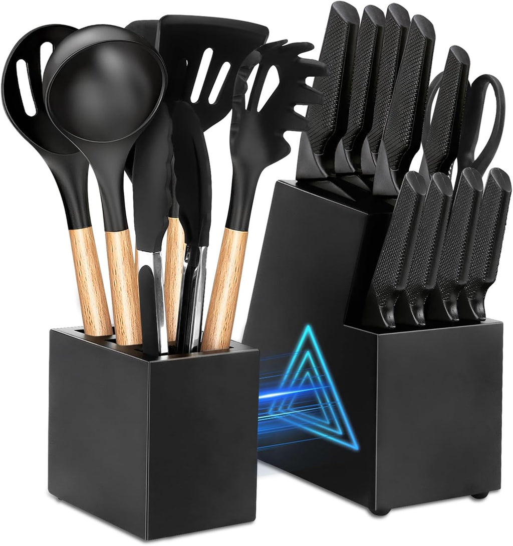 Kitchen Knife Set,18 Pieces Black Kitchen Utensils Set with Holder and Kitchen Professional Chef Knife Set for Cooking,Non-Stick Heat Resistan Silicone Utensils Set with Wooden Handle (Black)