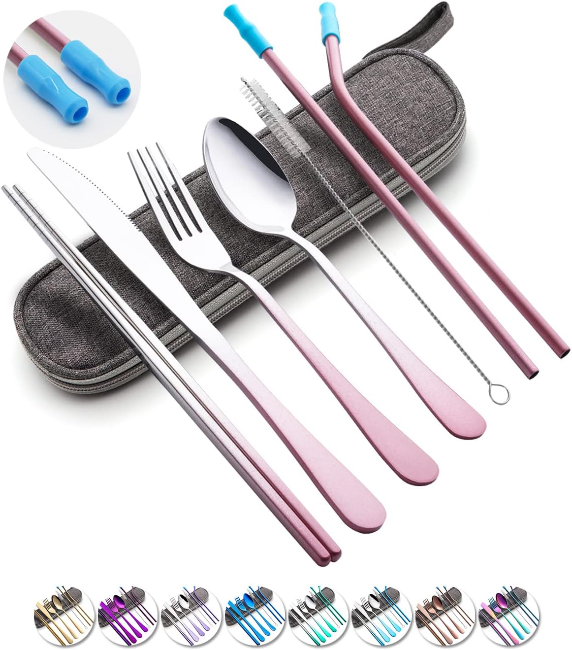 Travel Utensils Set with Case Reusable Portable Cutlery Set Stainless Steel 8pcs Including Dinner Knife Fork Spoon Chopsticks straws(Gradient Pink) | Dishwasher Including Dinner Knife Fork Spoon Chopsticks Straws Travel Fork Spoon Knife for Work, Camping