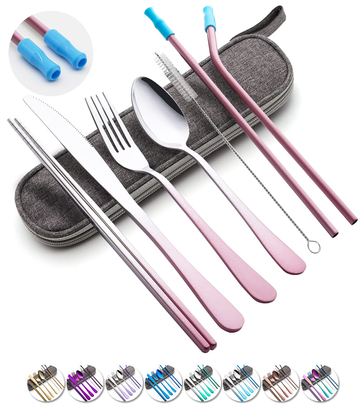 Travel Utensils Set with Case Reusable Portable Cutlery Set Stainless Steel 8pcs Including Dinner Knife Fork Spoon Chopsticks straws(Gradient Pink) | Dishwasher Including Dinner Knife Fork Spoon Chopsticks Straws Travel Fork Spoon Knife for Work, Camping