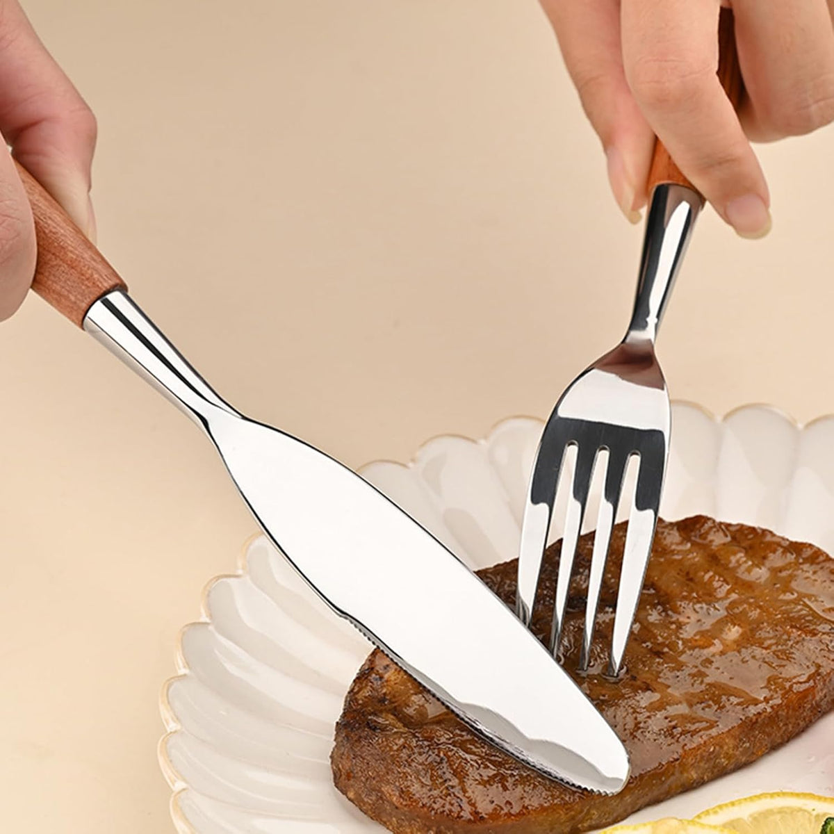 Wood Handle Silverware Sets for 6(30 Piece) Cutlery Set Utensils Sets Flatware Unique Modern 18 8 Stainless Steel Dinnerware Tableware Include Knives/Forks/Spoons Dishwasher Safe Polished