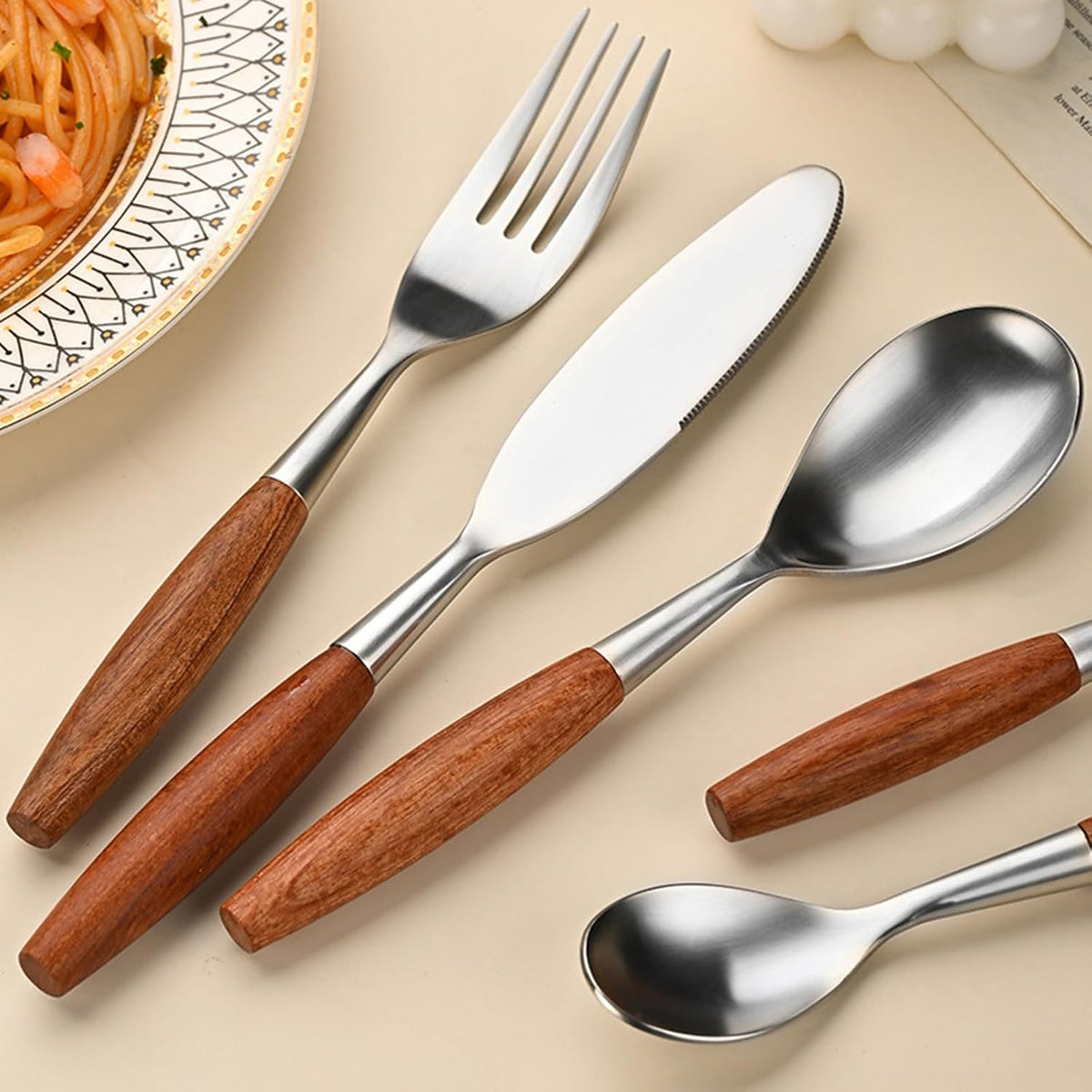 Wood Handle Silverware Sets for 6(30 Piece) Cutlery Set Utensils Sets Flatware Unique Modern 18 8 Stainless Steel Dinnerware Tableware Include Knives/Forks/Spoons Dishwasher Safe Polished