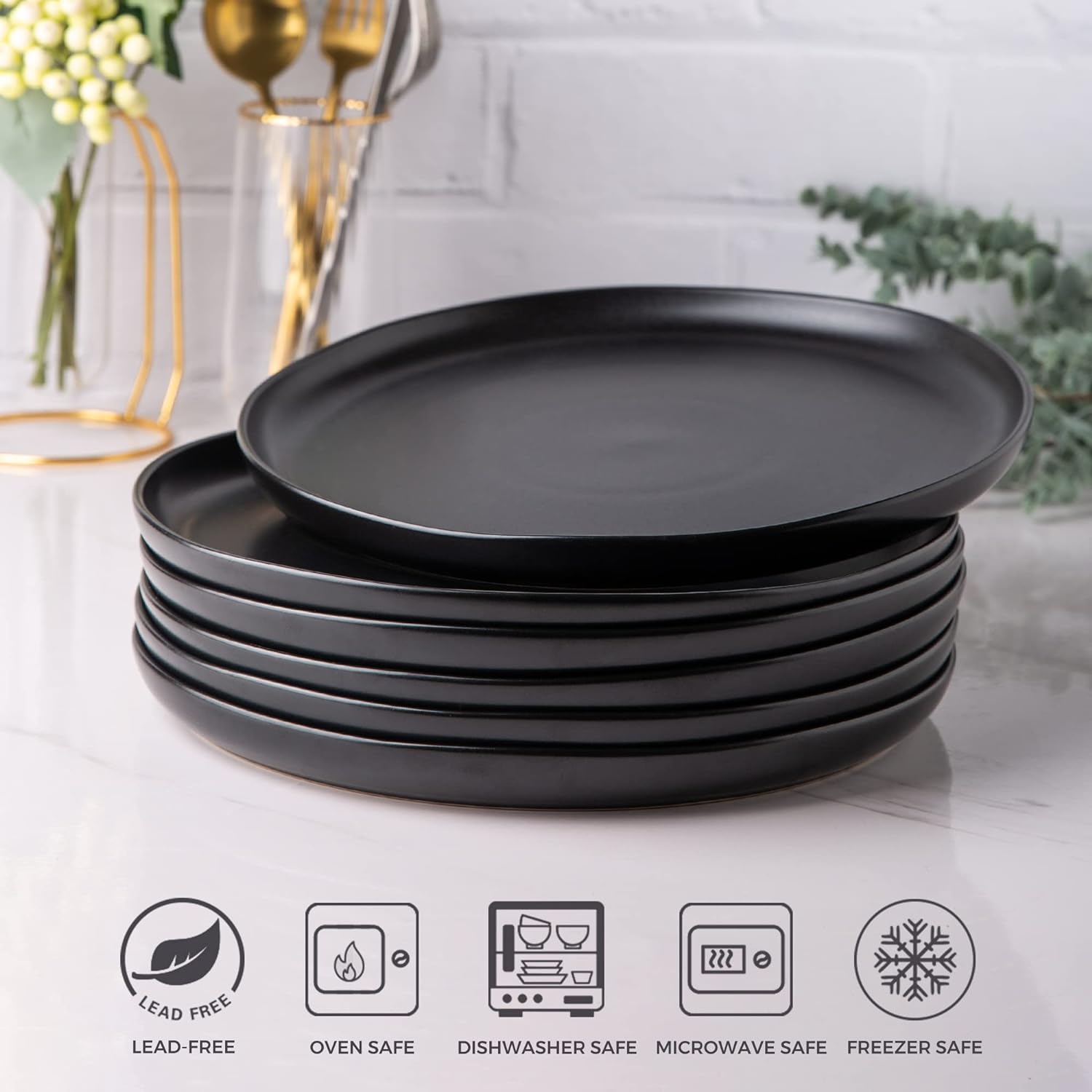 AmorArc Ceramic Dinner Plates Set of 6, 10.25 Inch Stoneware Dishes Set | Wavy Rim Shape Dinnerware Plates for Kitchen, Microwave & Dishwasher Safe, Scratch Resistant-Matte Black