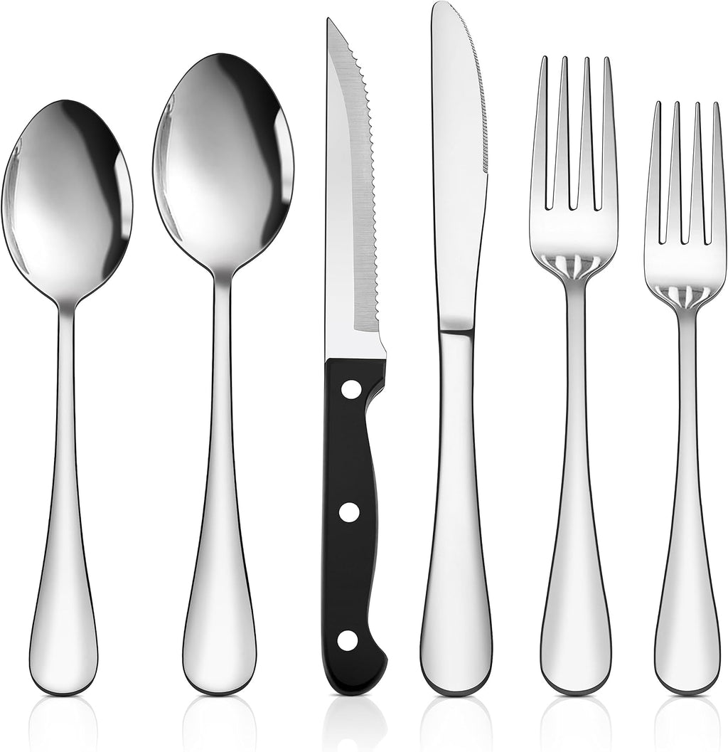 HaWare 48-Piece Silverware Set with Steak Knives, Stainless Steel Flatware | Mirror Polished Cutlery Tableware Set, Eating Utensils Include Knife Fork Spoon for Home Kitchen, Dishwasher Safe