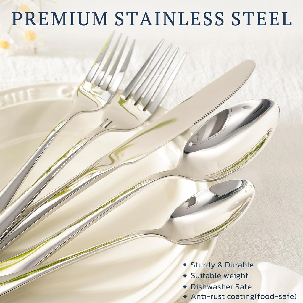 Astercook Silverware Set 48-Piece Flatware with Steak Knives Food-Grade Stainless Steel Cutlery for 8 Mirror Polished Utensils Set Include Spoons and Forks for Home Kitchen Restaurant