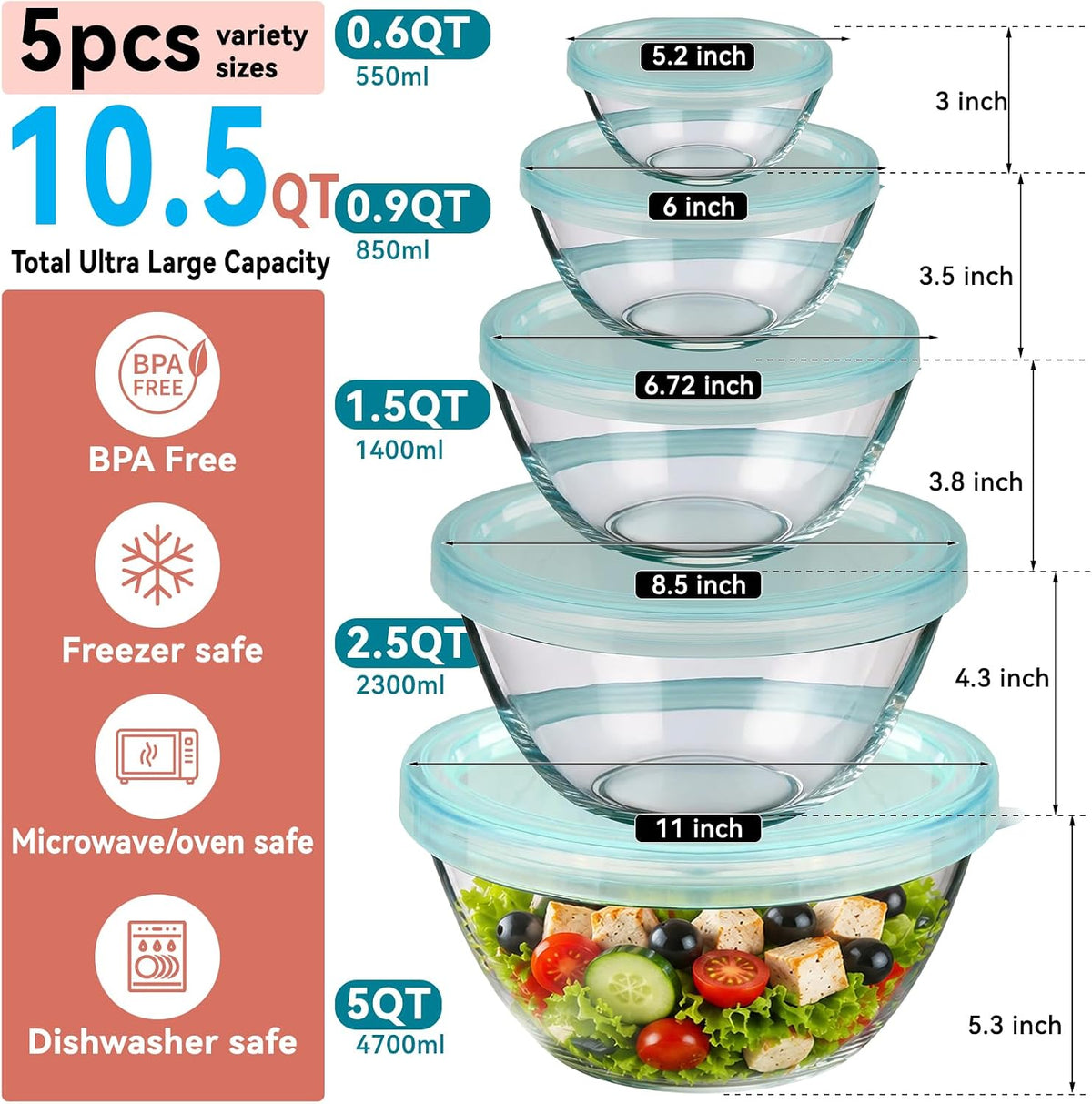 YUANYE 5 Pack Glass Mixing Bowls with Lids Set (5QT/2.5/1.5/0.9/0.6QT), Thick Glass Large Salad Bowl Set, Nesting Kitchen Bowls for Serving,Prepping,Cooking and Baking,Dishwasher,Oven,Microwave Safe