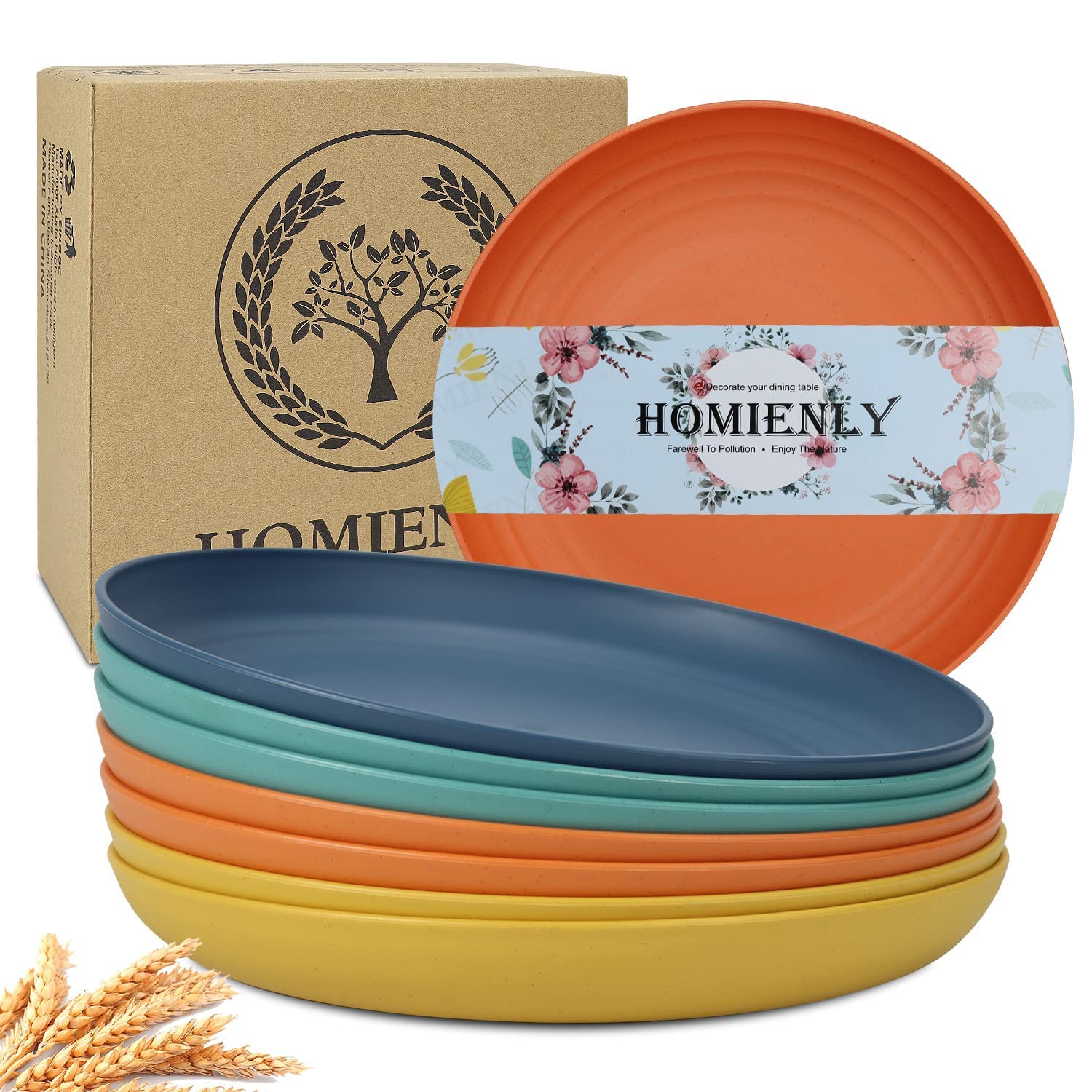 Deep Dinner Plates Set of 8 Alternative for Plastic Plates Microwave and Dishwasher Safe Wheat Straw Plates for Kitchen Unbreakable Kids Plate Set with 4 Colors (Classic Bright, 9 inch)