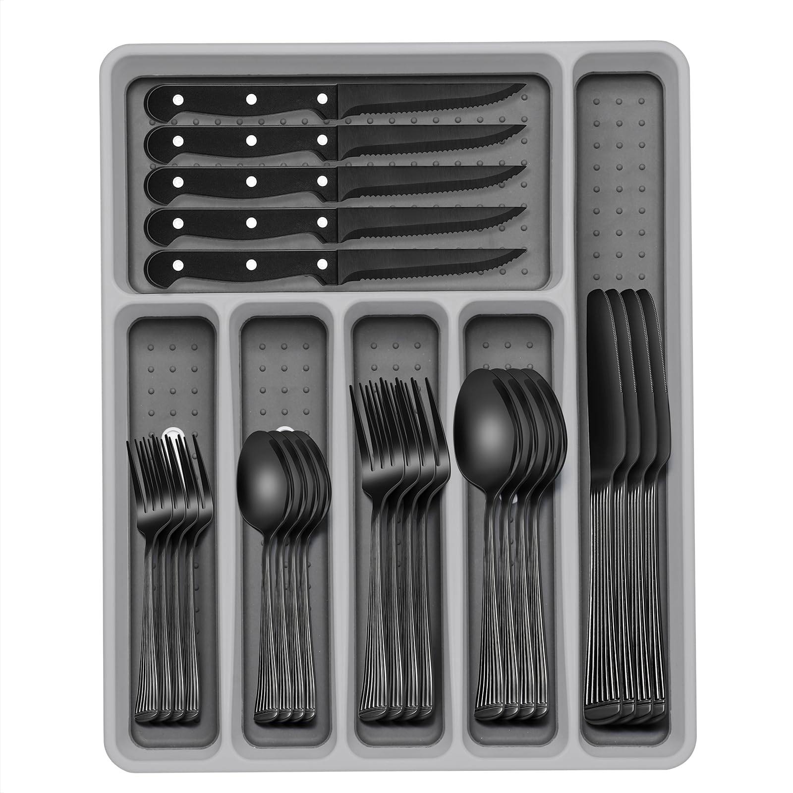 49-Piece Black Silverware Set with Organizer, Food-Grade Stainless Steel Black Flatware for 8, Cutlery Utensil Sets with Steak Knives, Rust-proof, Mirror Polished, Dishwasher Safe, Tree Pattern
