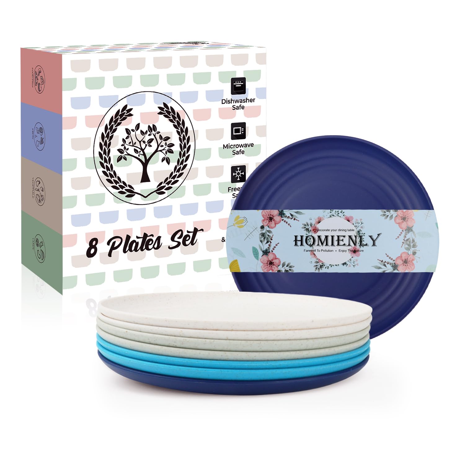 Deep Dinner Plates Set of 8 Alternative for Plastic Plates Microwave and Dishwasher Safe Wheat Straw Plates for Kitchen Unbreakable Kids Plate Set with 4 Colors (Classic Bright, 9 inch)