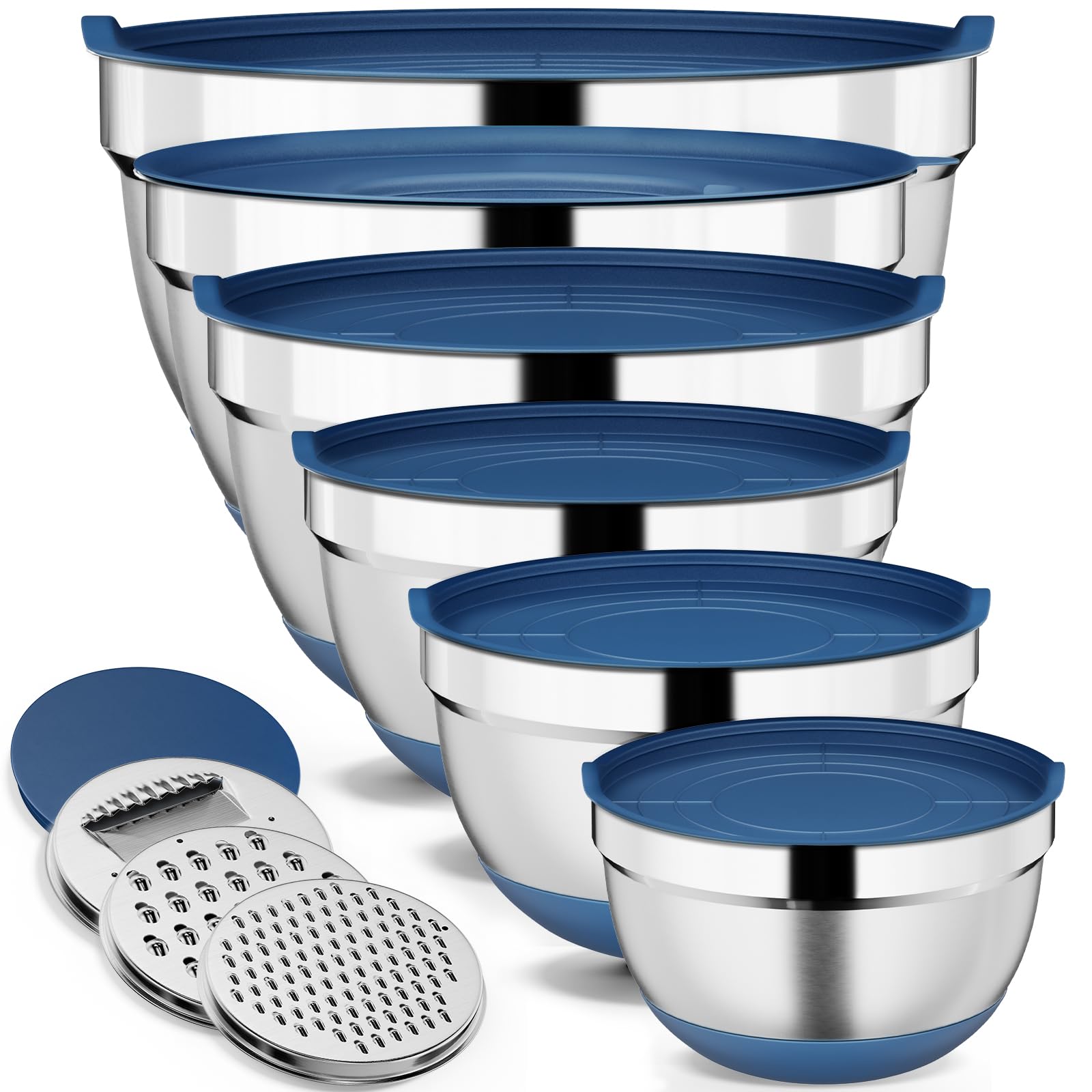 9 Pack Mixing Bowls with Airtight Lids & Grater Attachments, Khaki | Stainless Steel Bowl, Non-slip Bases, Nesting Kitchen Bowl, Size 5, 4, 3, 2, 1.5,1QT,for Food Prep, Baking, Storage & Serving